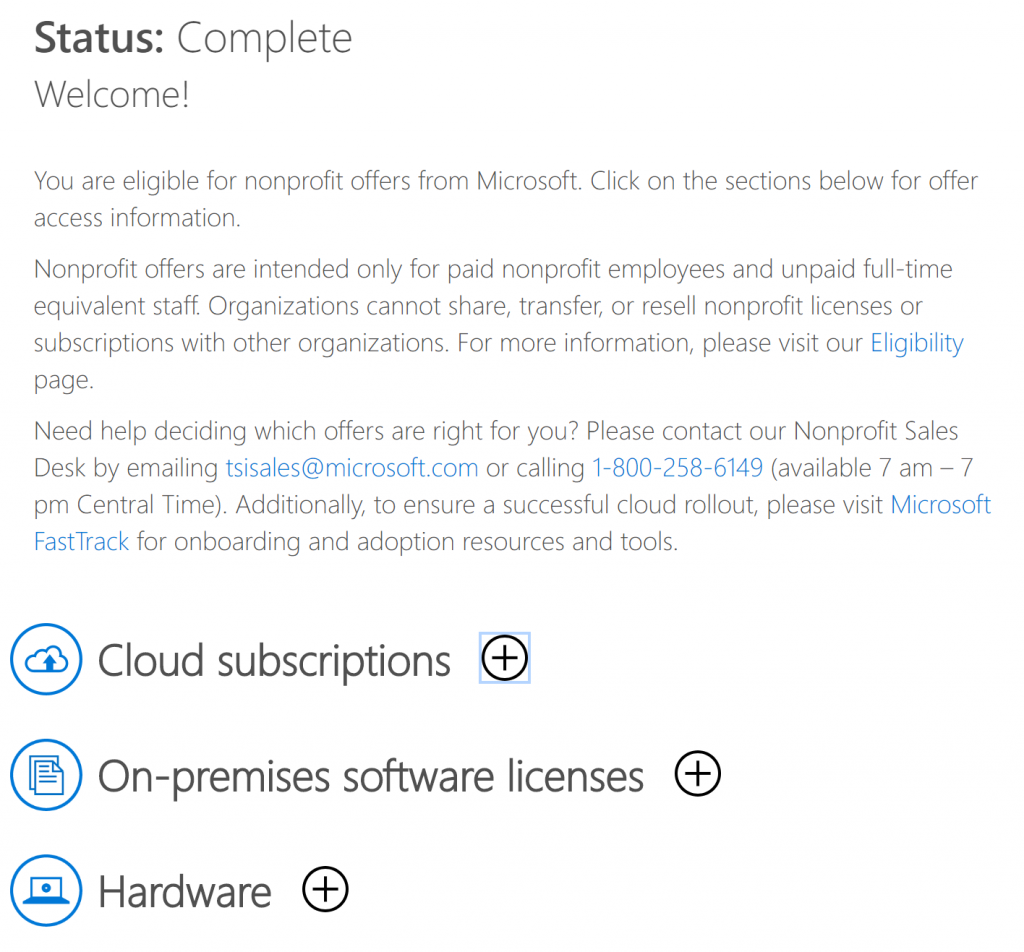 Microsoft nonprofit register completed